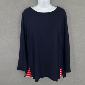 Susan Graver Weekend Womens Top Size XL Navy Blue Red Striped Long Sleeve‎